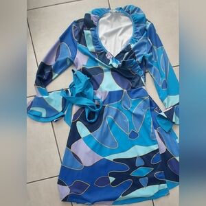 Sassy Jones Vibrant Blue and Purple Long Sleeve Wrap Dress